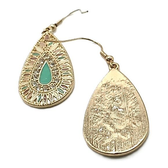 Teardrop Dangle Earrings Mint Green Enamel Rhinestones Small Pastel Beads - Picture 8 of 14